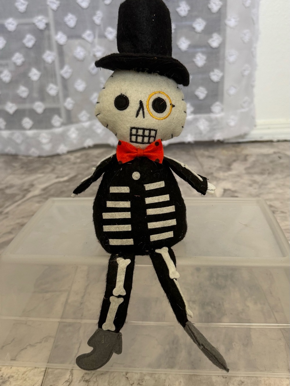 Black Skeleton Plush Doll with Top Hat and Red Bow Tie